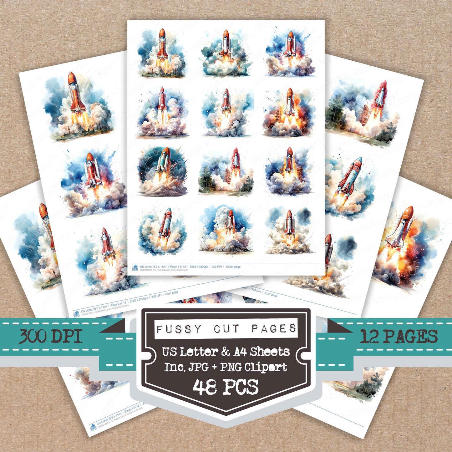 Rocket Lauch fussy cut printable sheets for junk journaling, scrapbooking, and paper craft projects