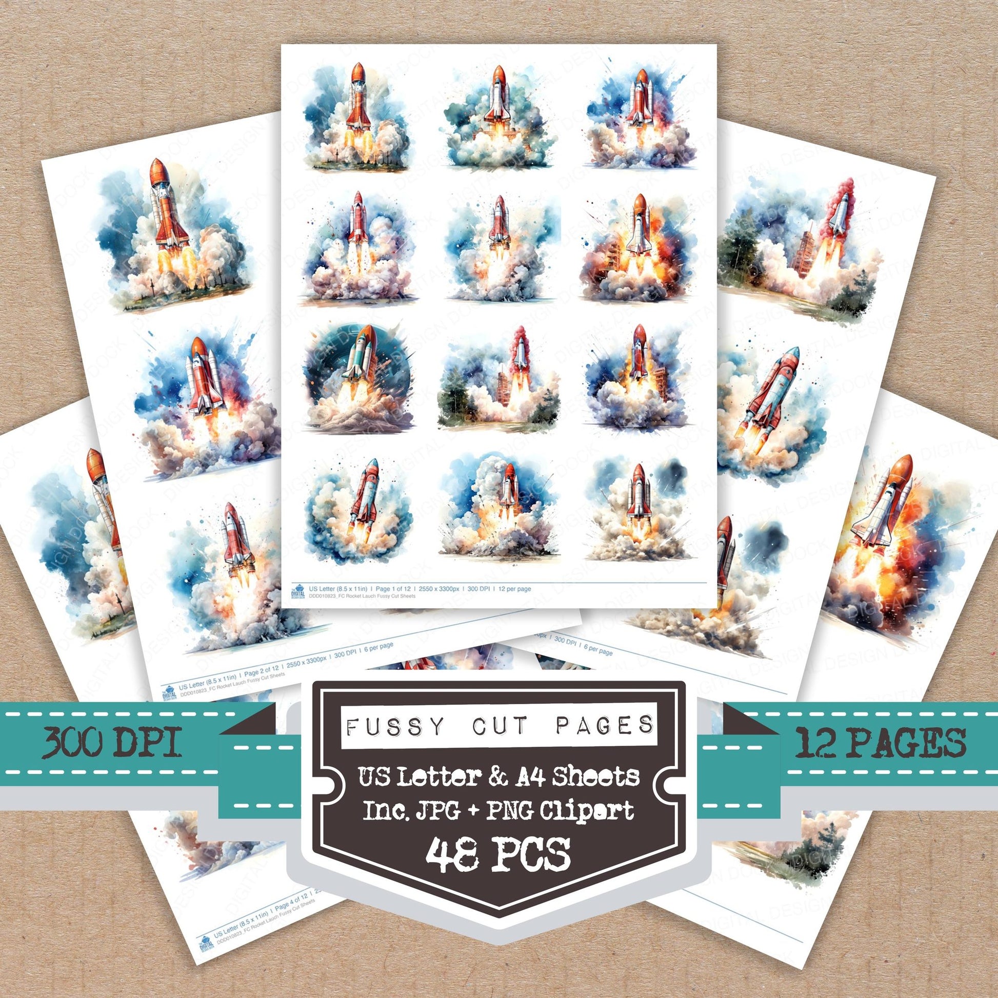 Rocket Lauch fussy cut printable sheets for junk journaling, scrapbooking, and paper craft projects