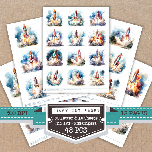 Rocket Lauch fussy cut printable sheets for junk journaling, scrapbooking, and paper craft projects