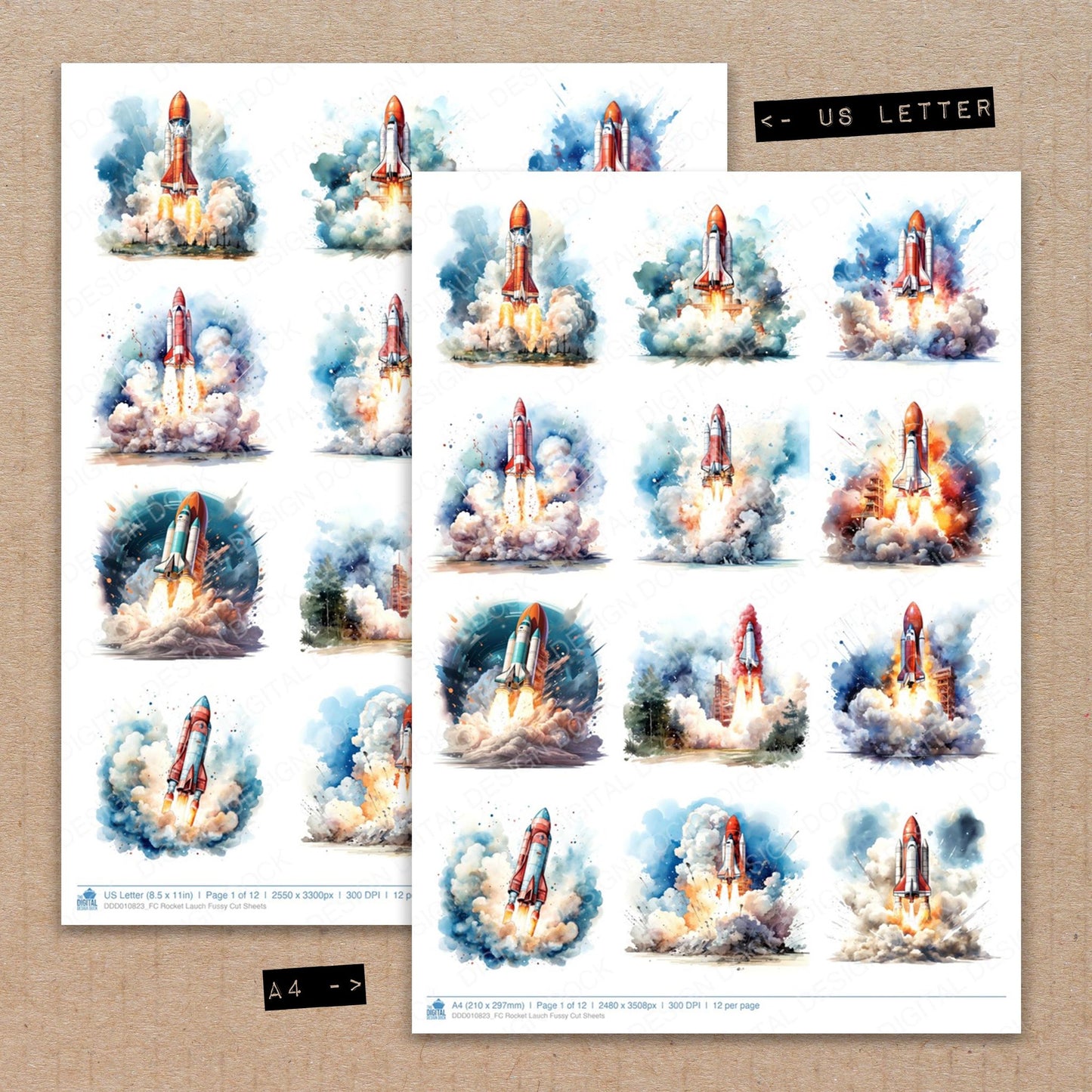 A4 and US Letter format comparison showing Rocket Lauch fussy cut pages for print and cut crafting