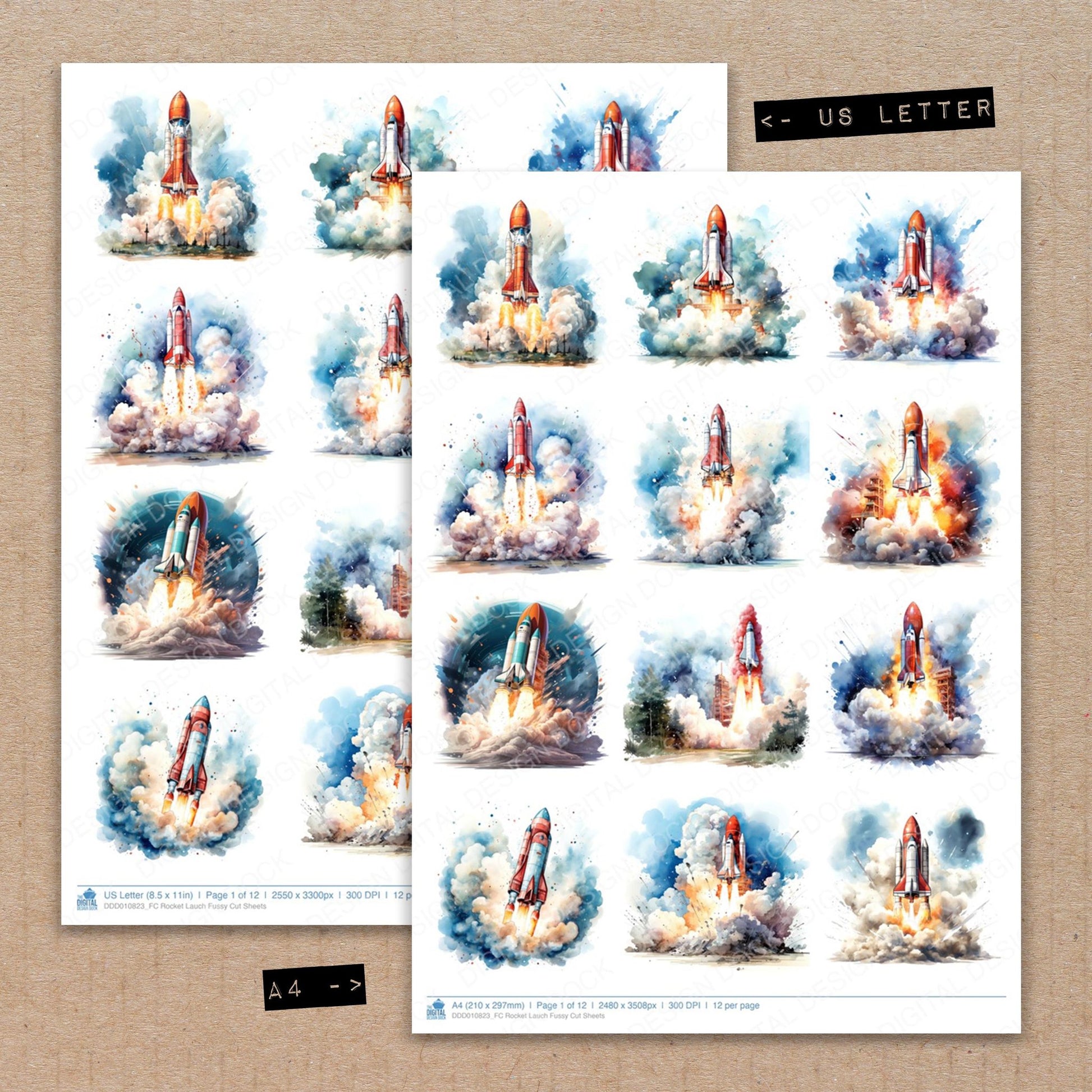 A4 and US Letter format comparison showing Rocket Lauch fussy cut pages for print and cut crafting