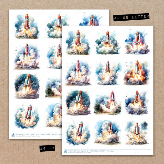 A4 and US Letter format comparison showing Rocket Lauch fussy cut pages for print and cut crafting