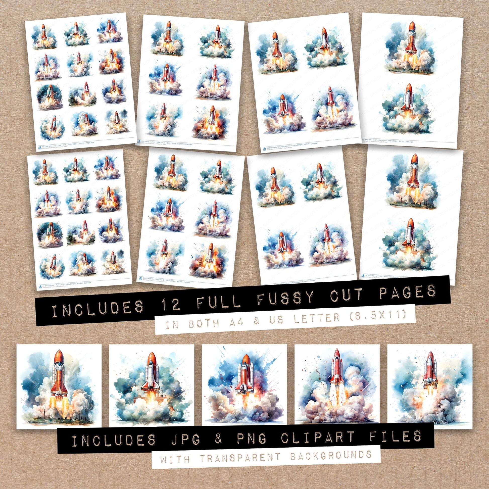 Full collection view of Rocket Lauch fussy cut sheets with bonus clipart JPG and PNG files