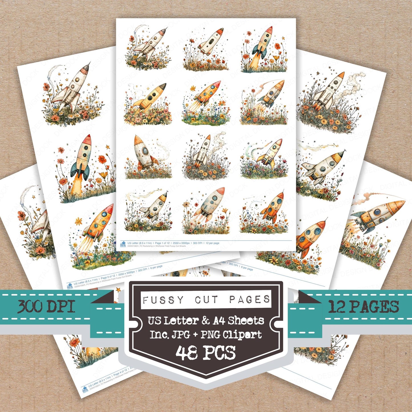 Rocketship in Wildflower Field fussy cut printable sheets for junk journaling, scrapbooking, and paper craft projects