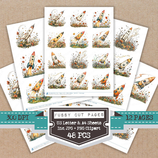 Rocketship in Wildflower Field fussy cut printable sheets for junk journaling, scrapbooking, and paper craft projects