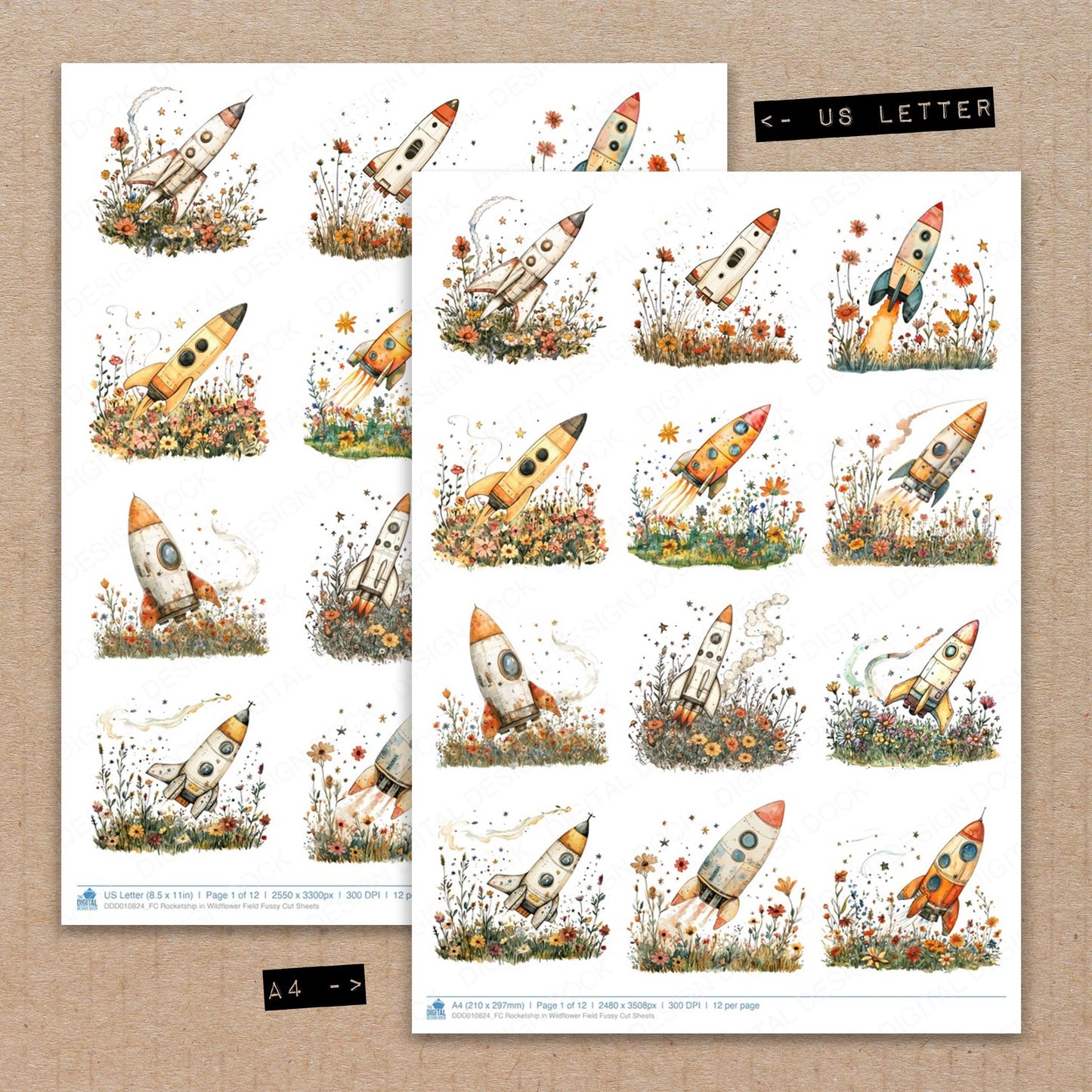 A4 and US Letter format comparison showing Rocketship in Wildflower Field fussy cut pages for print and cut crafting