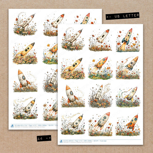 A4 and US Letter format comparison showing Rocketship in Wildflower Field fussy cut pages for print and cut crafting