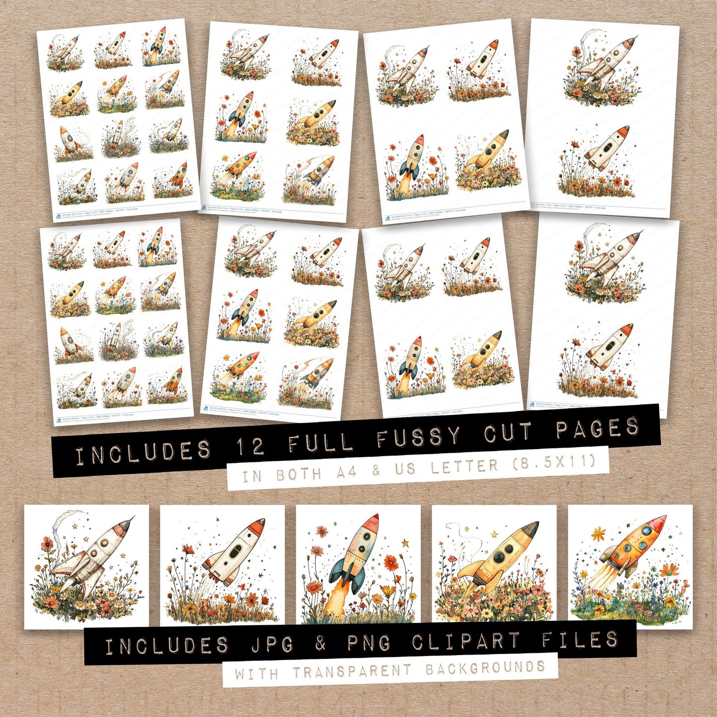 Full collection view of Rocketship in Wildflower Field fussy cut sheets with bonus clipart JPG and PNG files