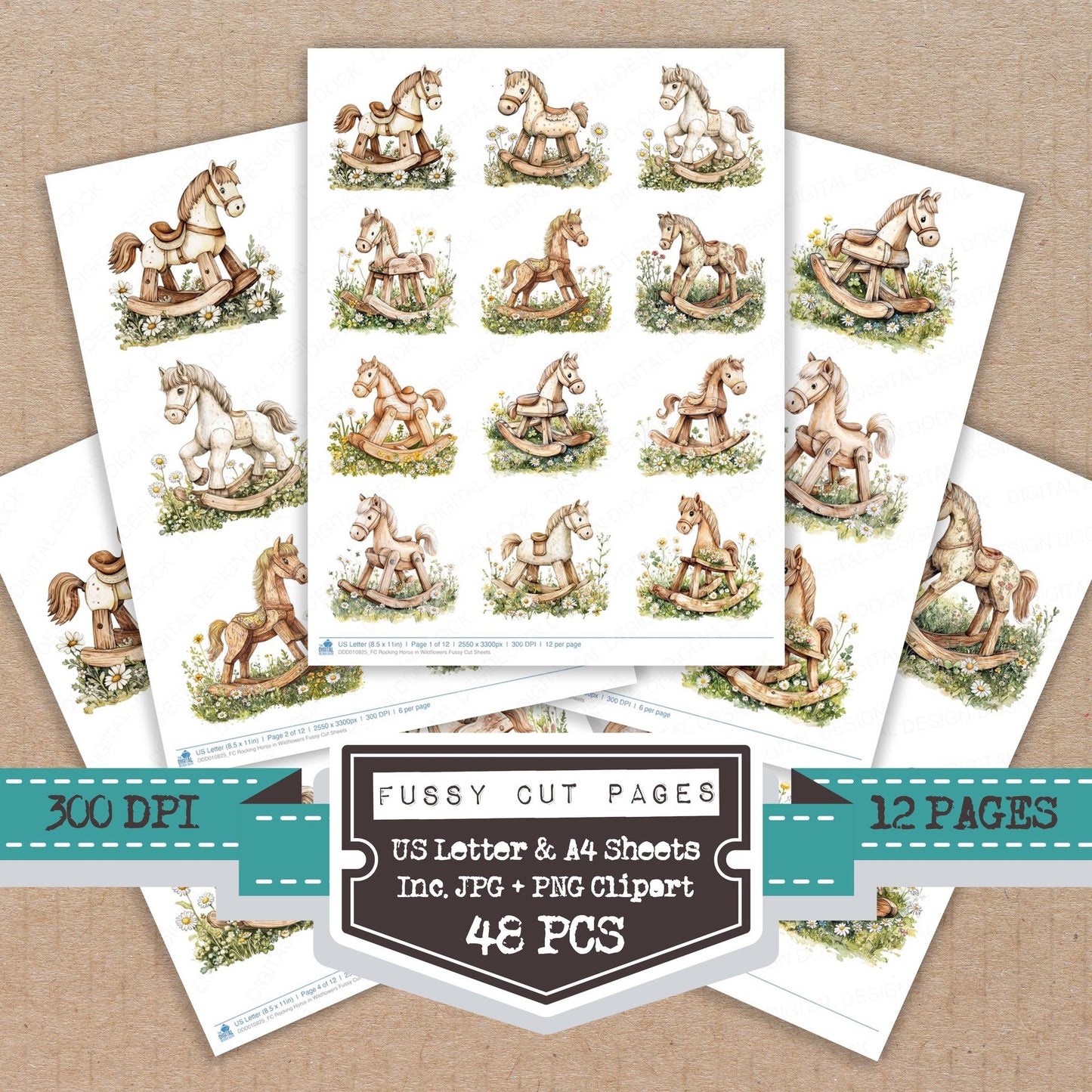 Rocking Horse in Wildflowers fussy cut printable sheets for junk journaling, scrapbooking, and paper craft projects