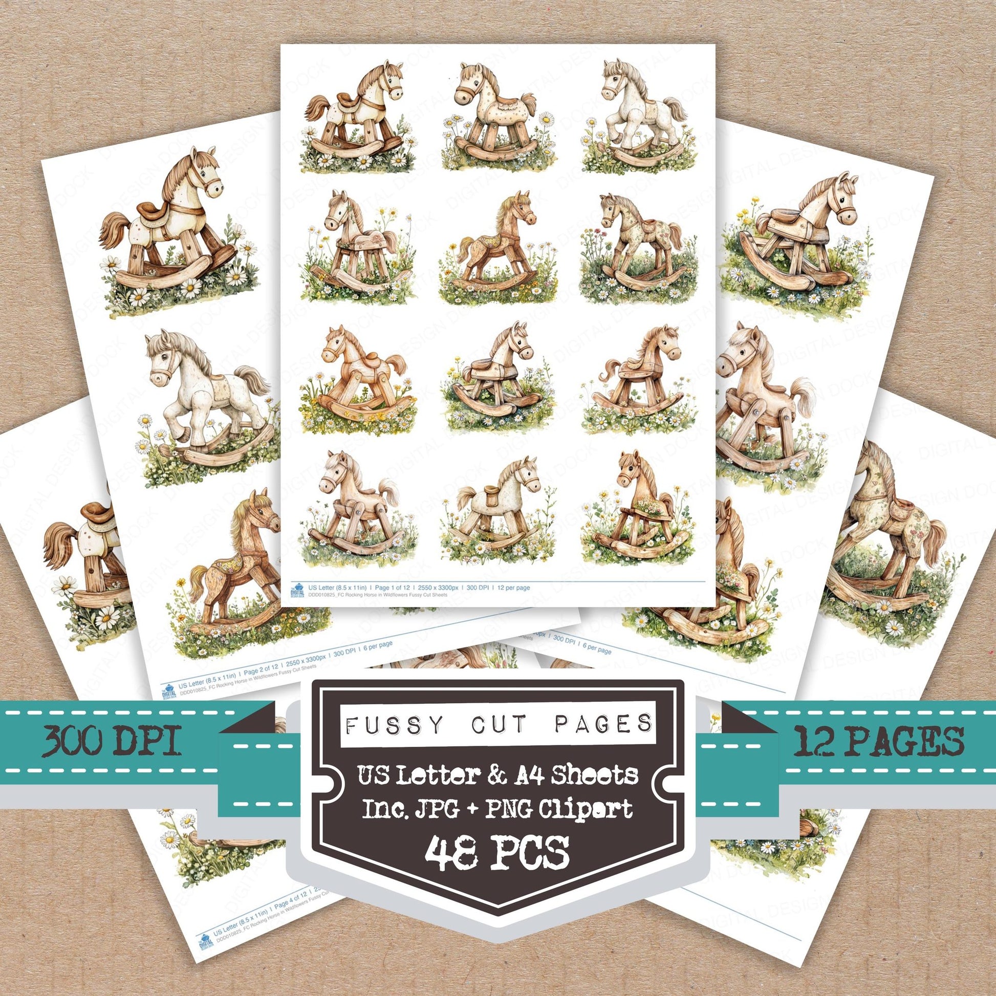 Rocking Horse in Wildflowers fussy cut printable sheets for junk journaling, scrapbooking, and paper craft projects