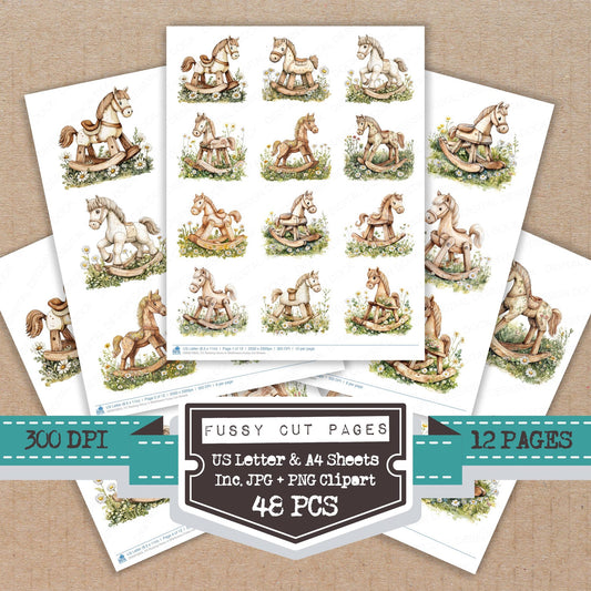 Rocking Horse in Wildflowers fussy cut printable sheets for junk journaling, scrapbooking, and paper craft projects