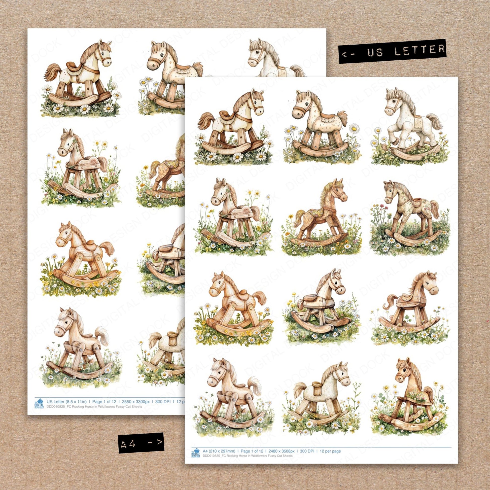 A4 and US Letter format comparison showing Rocking Horse in Wildflowers fussy cut pages for print and cut crafting