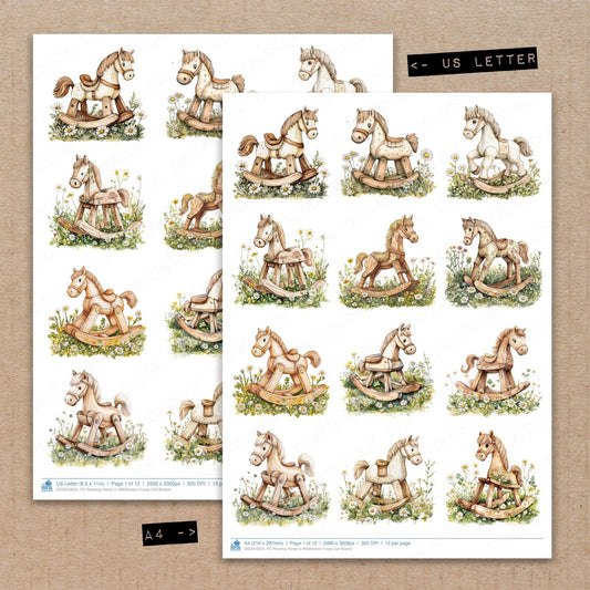A4 and US Letter format comparison showing Rocking Horse in Wildflowers fussy cut pages for print and cut crafting