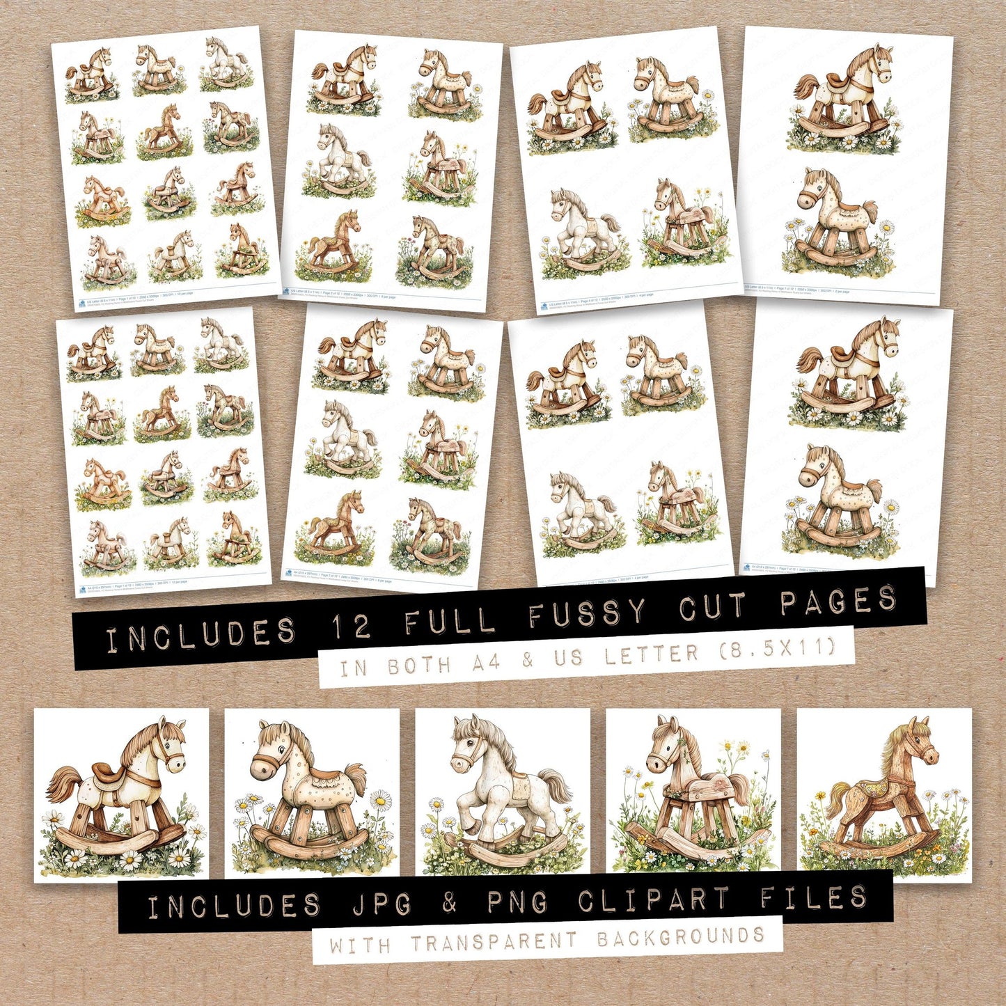 Full collection view of Rocking Horse in Wildflowers fussy cut sheets with bonus clipart JPG and PNG files