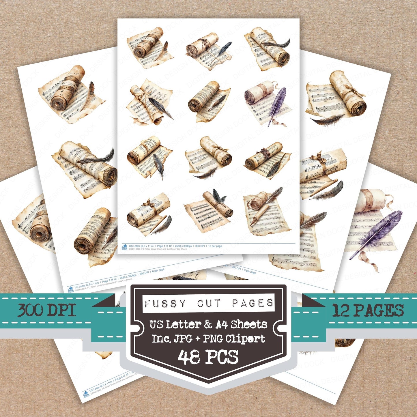 Rolled Music Sheet and Quill fussy cut printable sheets for junk journaling, scrapbooking, and paper craft projects