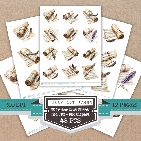 Rolled Music Sheet and Quill fussy cut printable sheets for junk journaling, scrapbooking, and paper craft projects