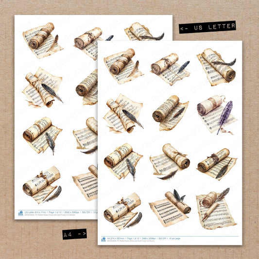 A4 and US Letter format comparison showing Rolled Music Sheet and Quill fussy cut pages for print and cut crafting