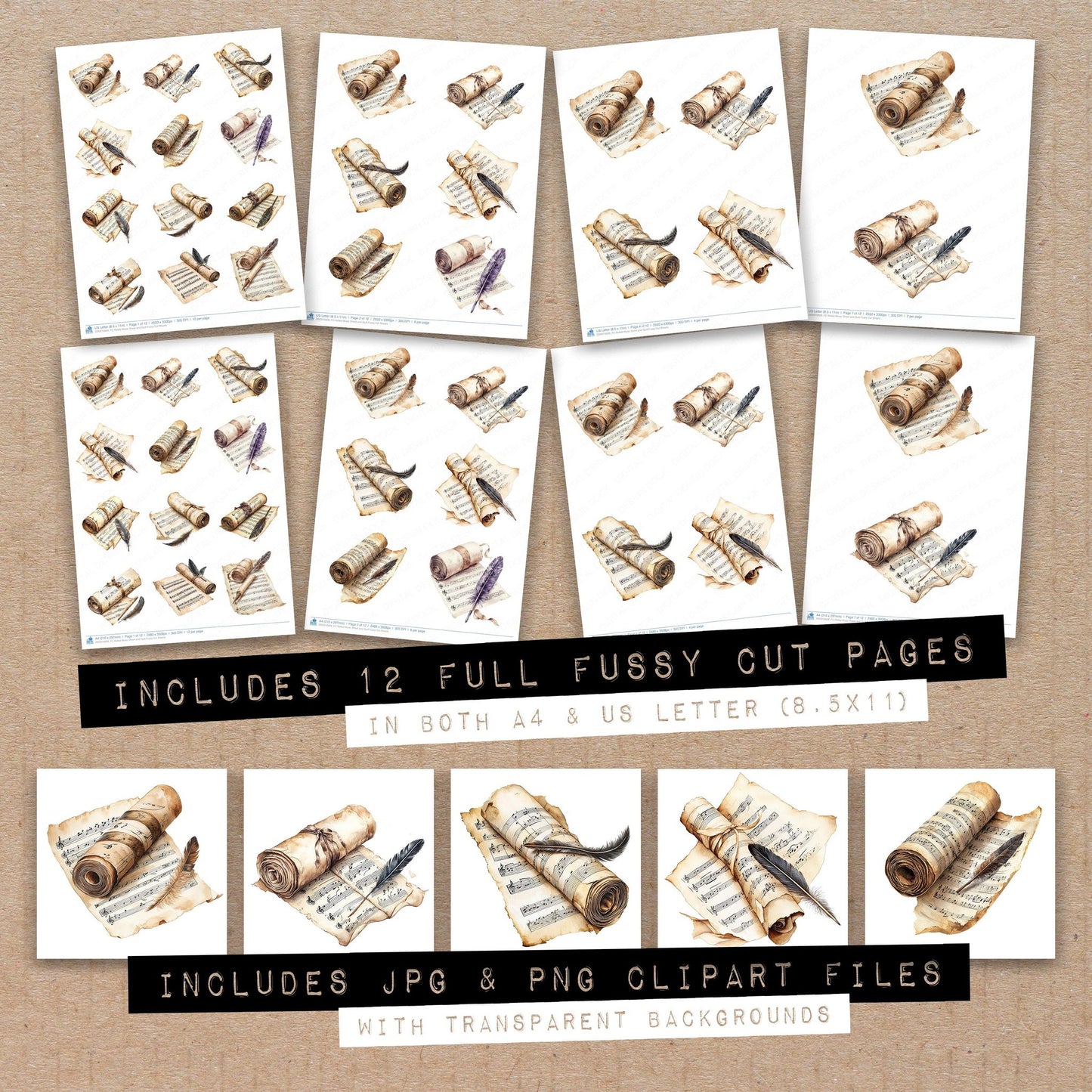 Full collection view of Rolled Music Sheet and Quill fussy cut sheets with bonus clipart JPG and PNG files