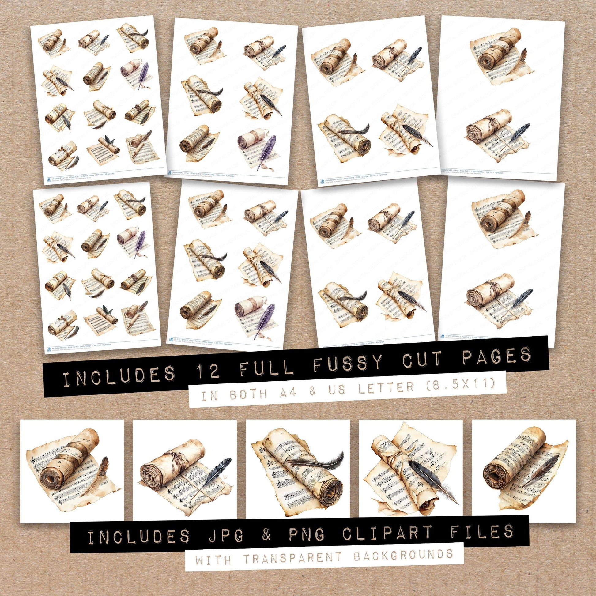 Full collection view of Rolled Music Sheet and Quill fussy cut sheets with bonus clipart JPG and PNG files