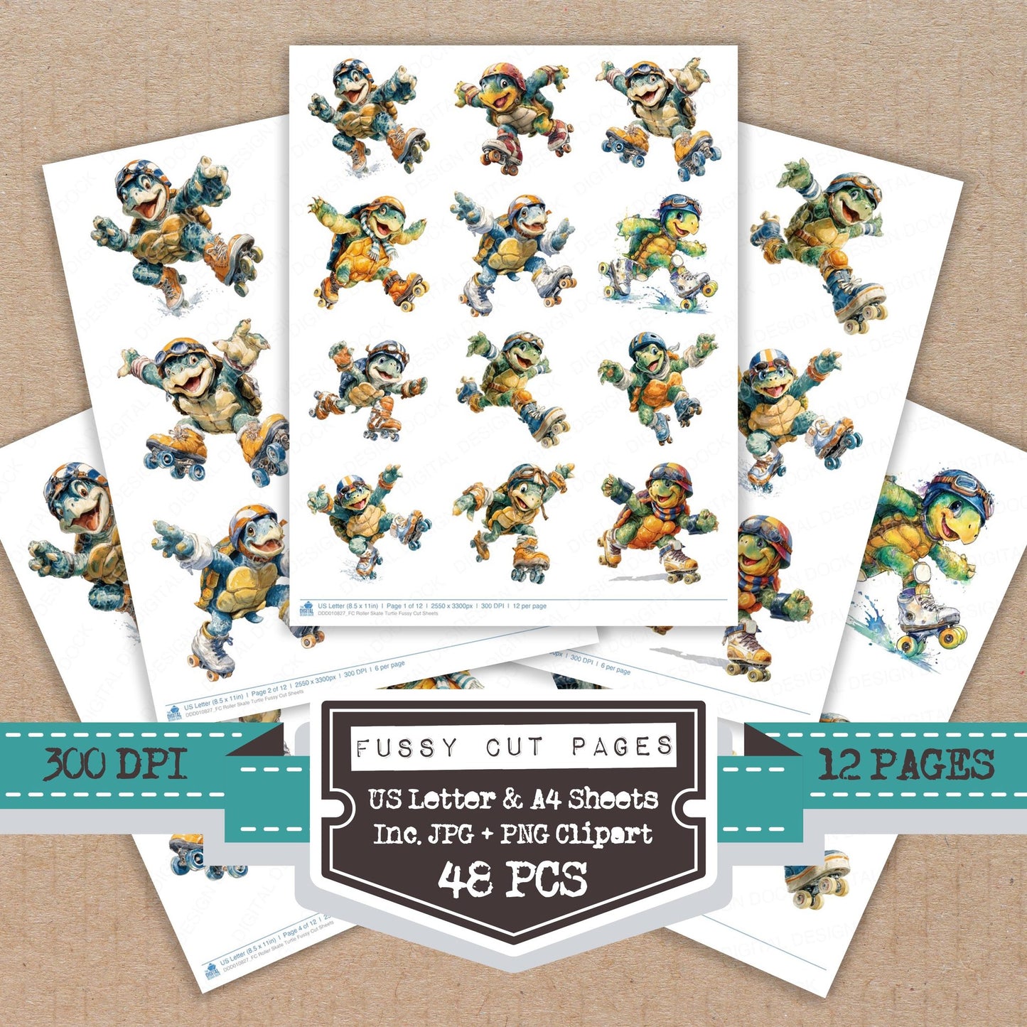 Roller Skate Turtle fussy cut printable sheets for junk journaling, scrapbooking, and paper craft projects