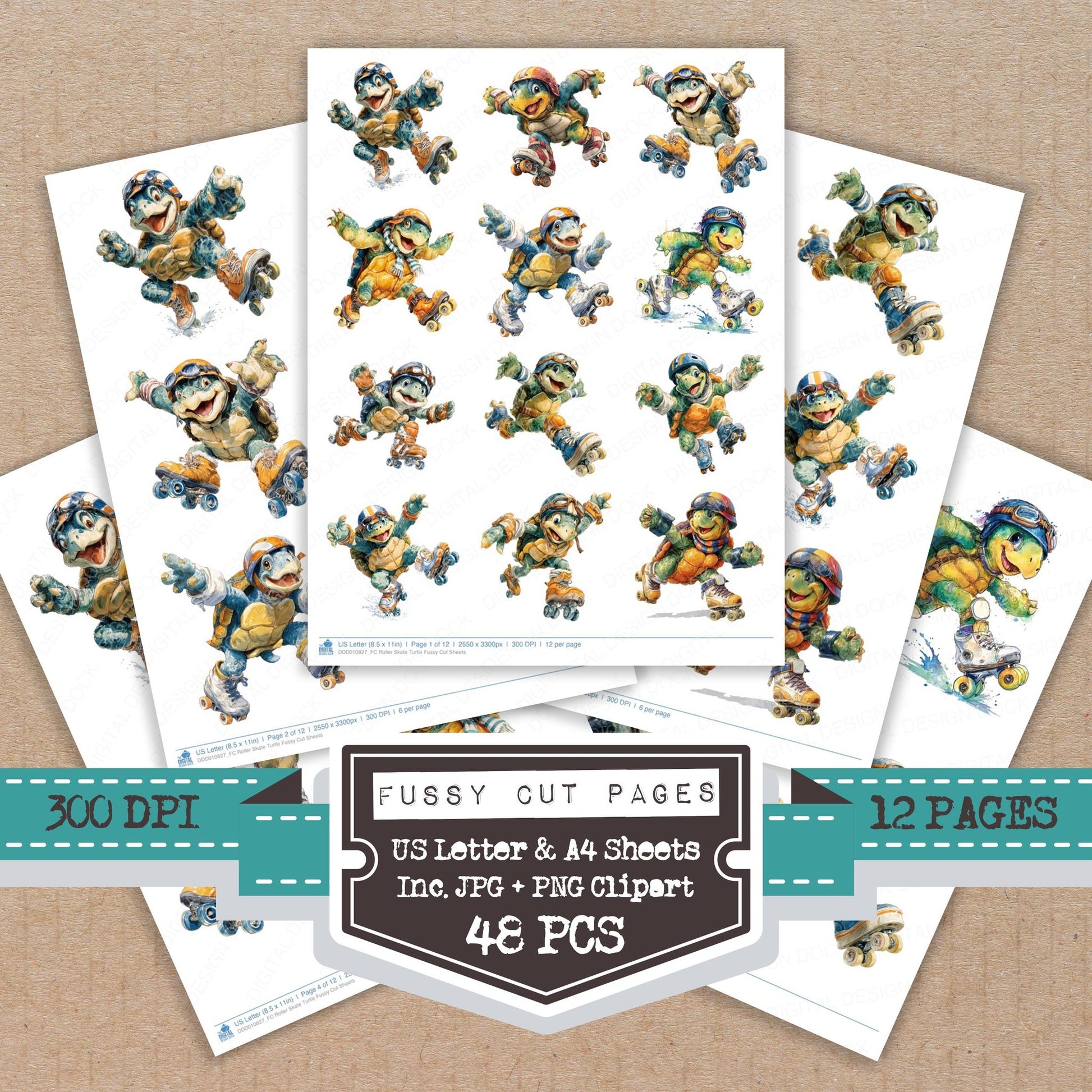 Roller Skate Turtle fussy cut printable sheets for junk journaling, scrapbooking, and paper craft projects