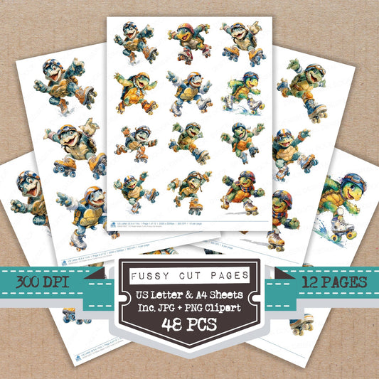 Roller Skate Turtle fussy cut printable sheets for junk journaling, scrapbooking, and paper craft projects