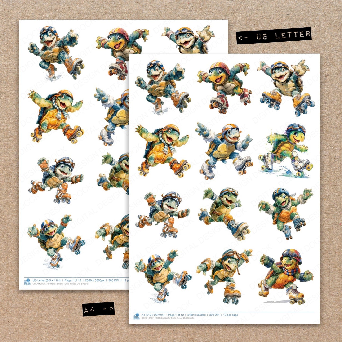 A4 and US Letter format comparison showing Roller Skate Turtle fussy cut pages for print and cut crafting