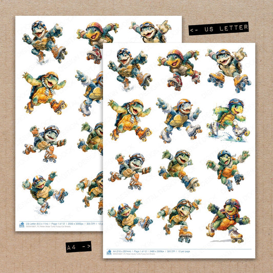 A4 and US Letter format comparison showing Roller Skate Turtle fussy cut pages for print and cut crafting