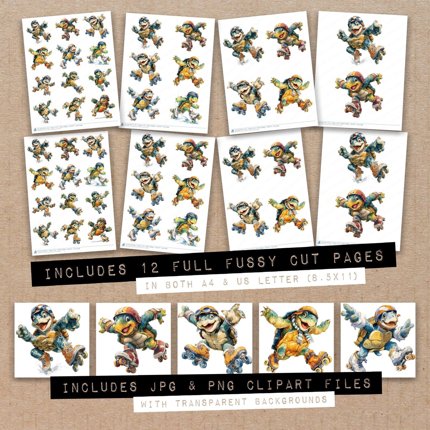 Full collection view of Roller Skate Turtle fussy cut sheets with bonus clipart JPG and PNG files