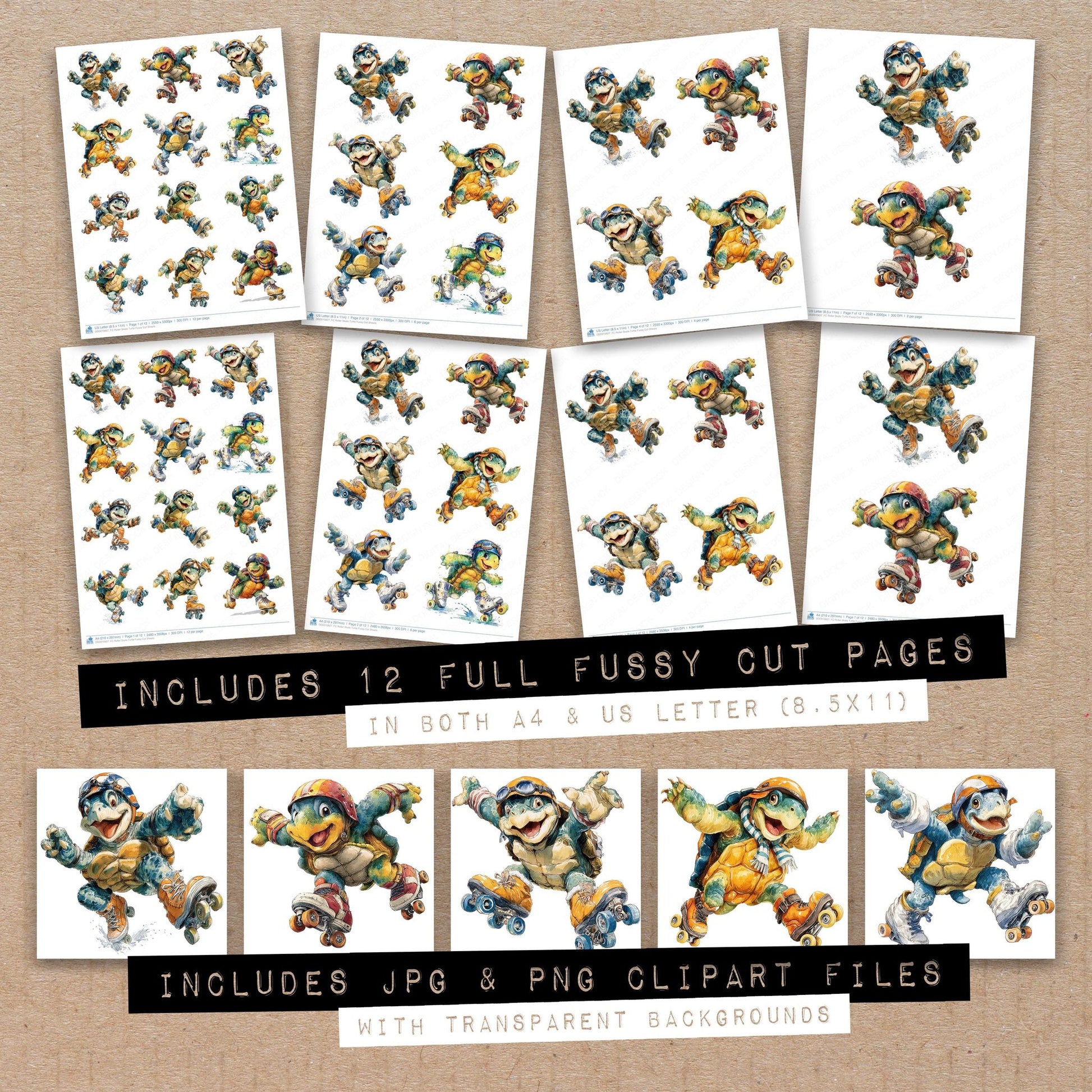 Full collection view of Roller Skate Turtle fussy cut sheets with bonus clipart JPG and PNG files