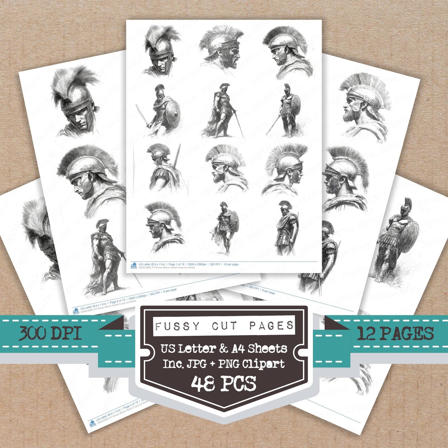 Roman Warrior Sketch fussy cut printable sheets for junk journaling, scrapbooking, and paper craft projects