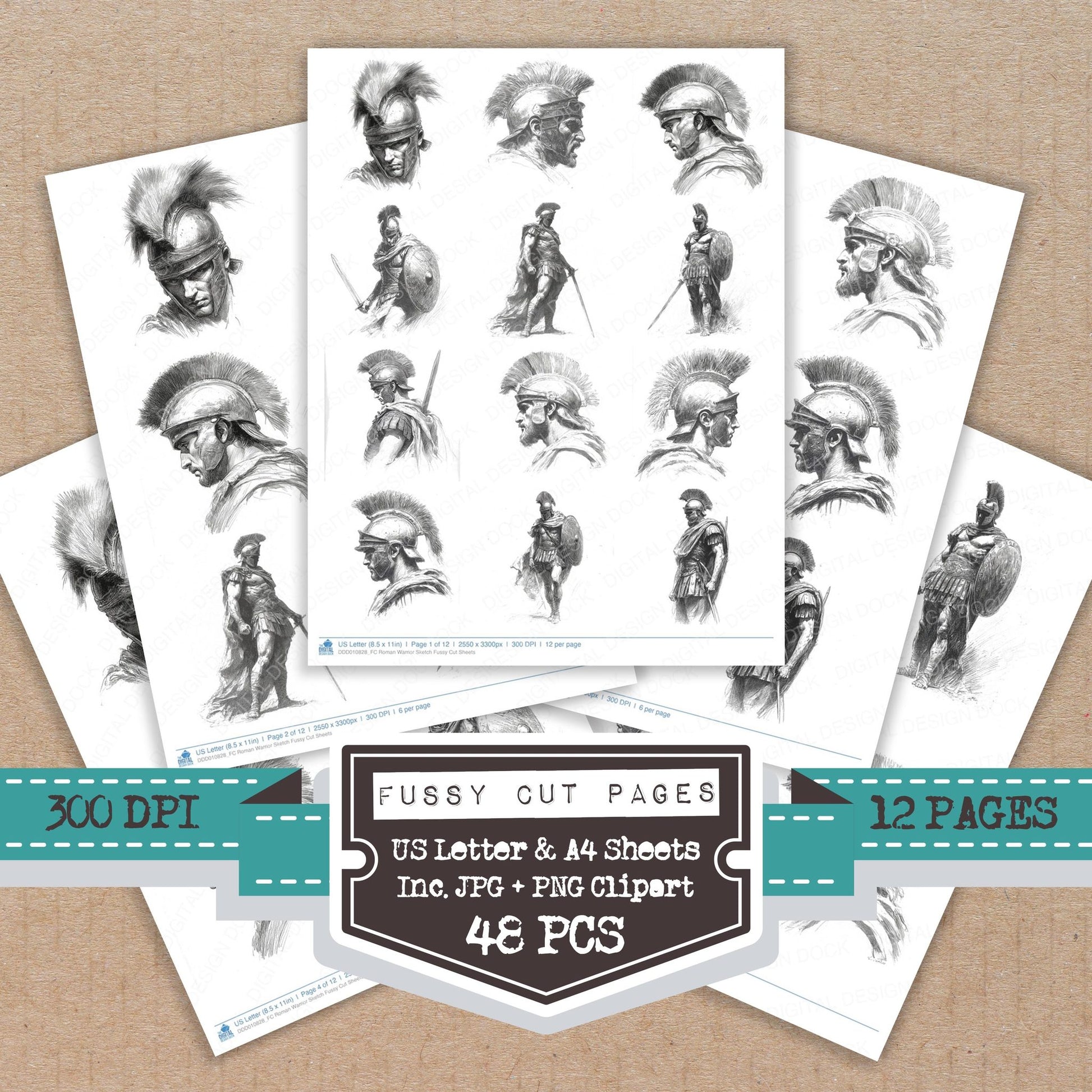 Roman Warrior Sketch fussy cut printable sheets for junk journaling, scrapbooking, and paper craft projects