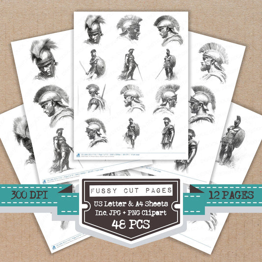 Roman Warrior Sketch fussy cut printable sheets for junk journaling, scrapbooking, and paper craft projects