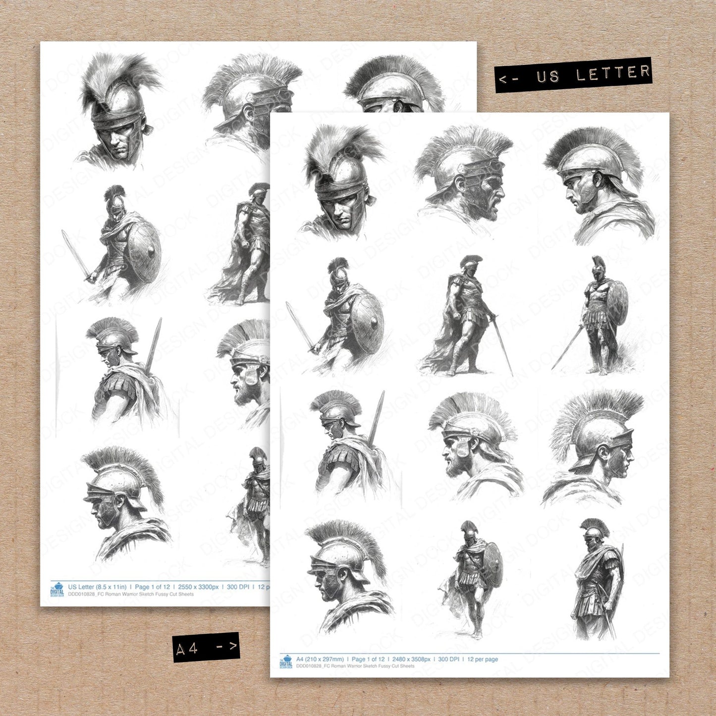 A4 and US Letter format comparison showing Roman Warrior Sketch fussy cut pages for print and cut crafting