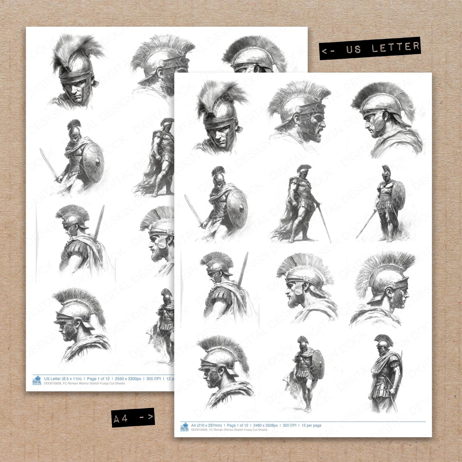A4 and US Letter format comparison showing Roman Warrior Sketch fussy cut pages for print and cut crafting