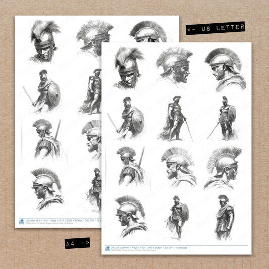 A4 and US Letter format comparison showing Roman Warrior Sketch fussy cut pages for print and cut crafting