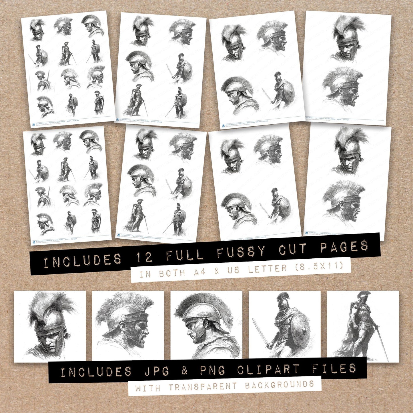 Full collection view of Roman Warrior Sketch fussy cut sheets with bonus clipart JPG and PNG files