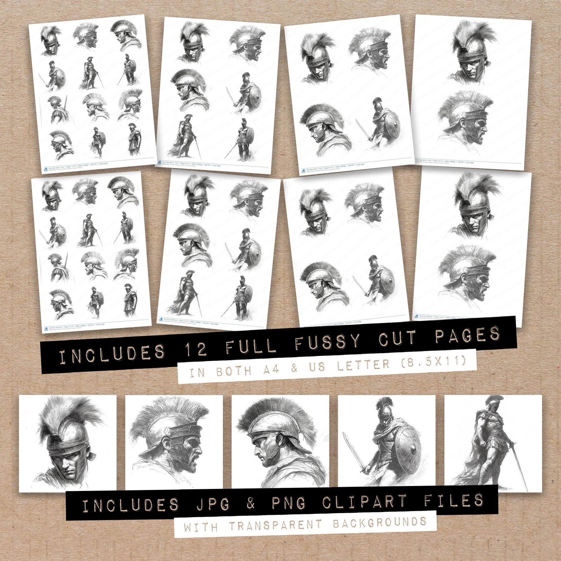 Full collection view of Roman Warrior Sketch fussy cut sheets with bonus clipart JPG and PNG files