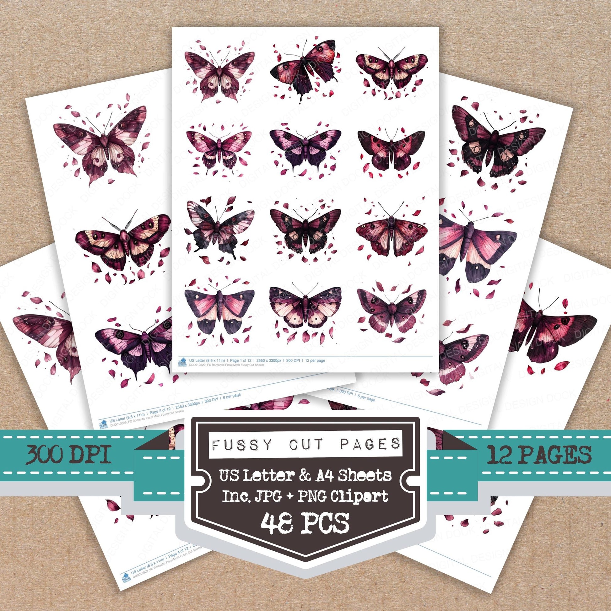 Romantic Floral Moth fussy cut printable sheets for junk journaling, scrapbooking, and paper craft projects