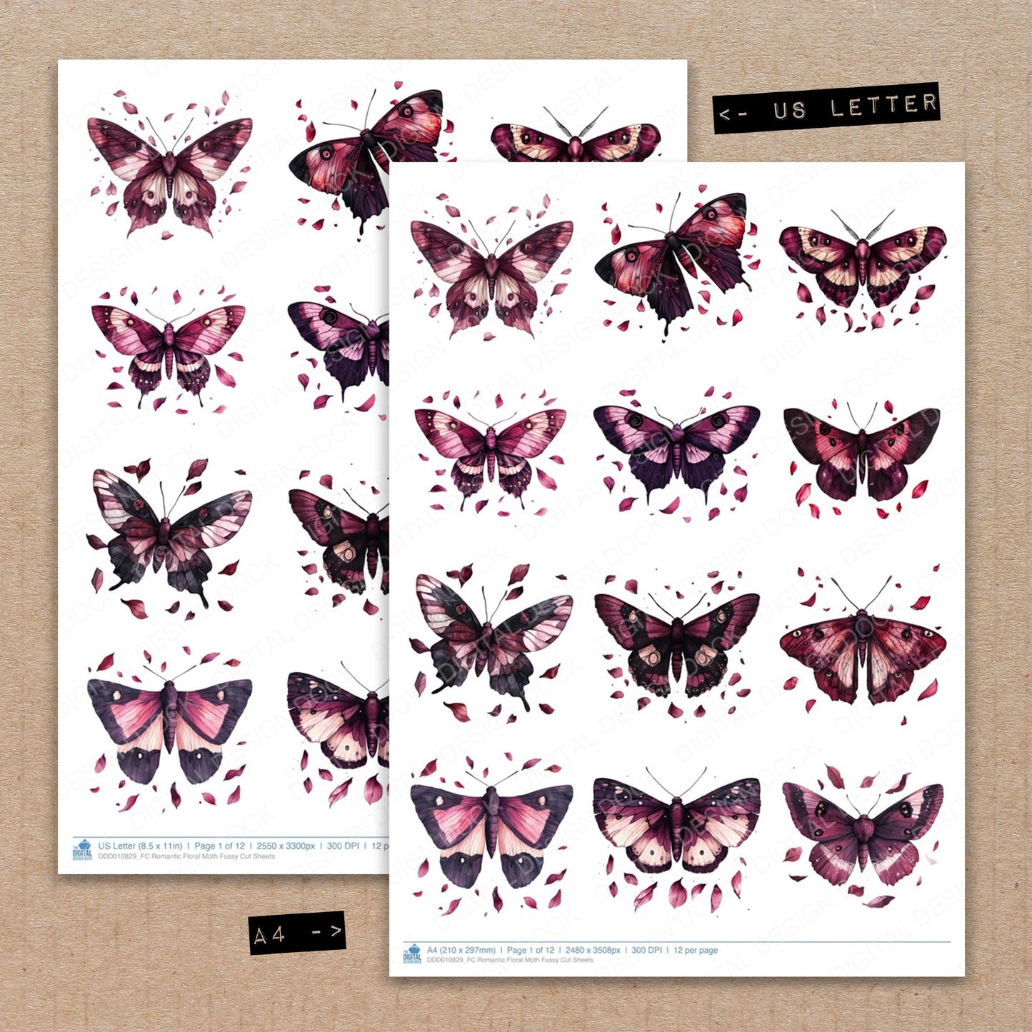 A4 and US Letter format comparison showing Romantic Floral Moth fussy cut pages for print and cut crafting