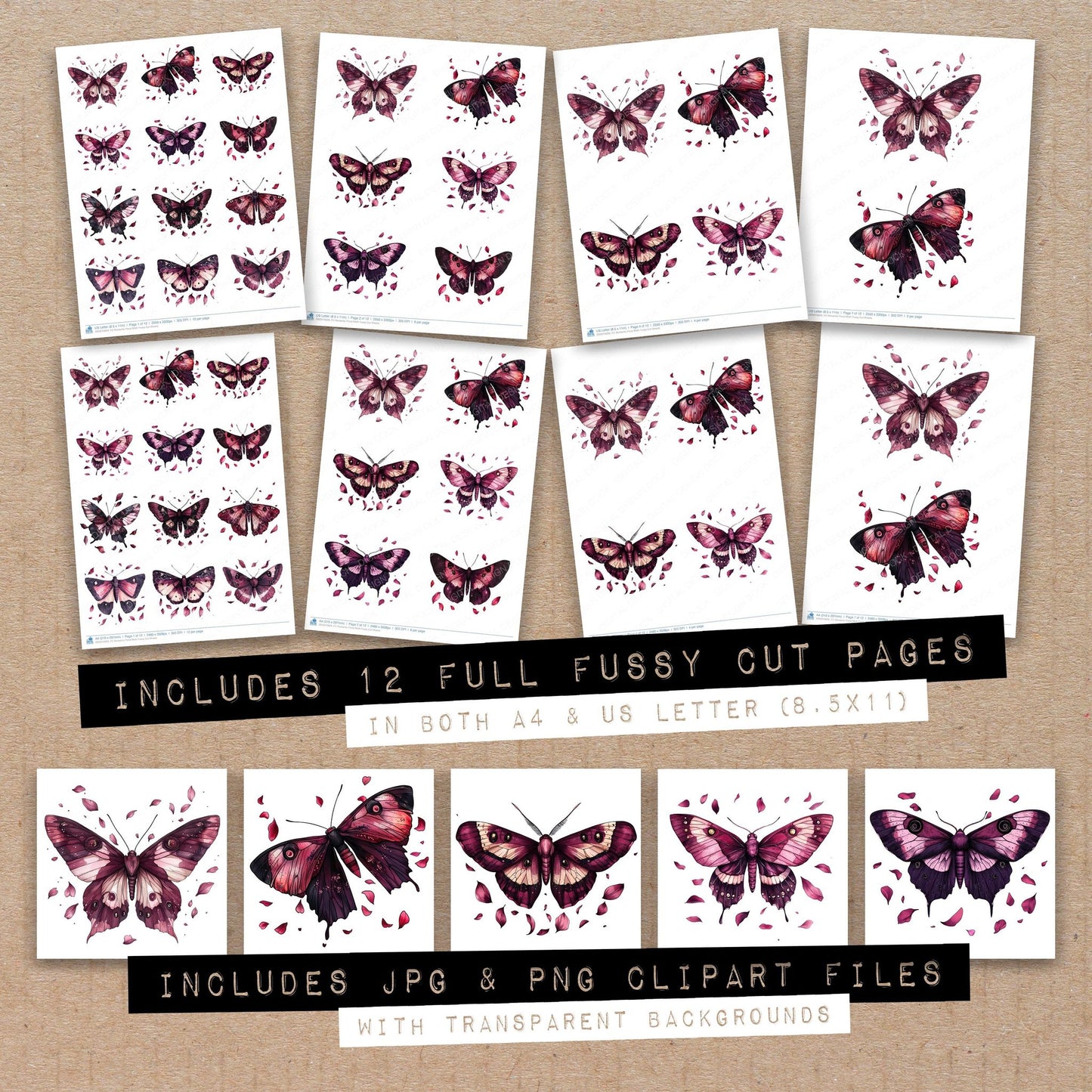 Full collection view of Romantic Floral Moth fussy cut sheets with bonus clipart JPG and PNG files