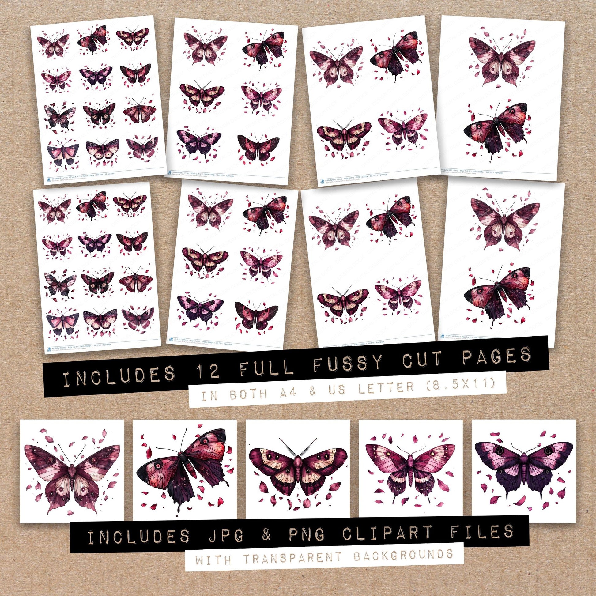 Full collection view of Romantic Floral Moth fussy cut sheets with bonus clipart JPG and PNG files