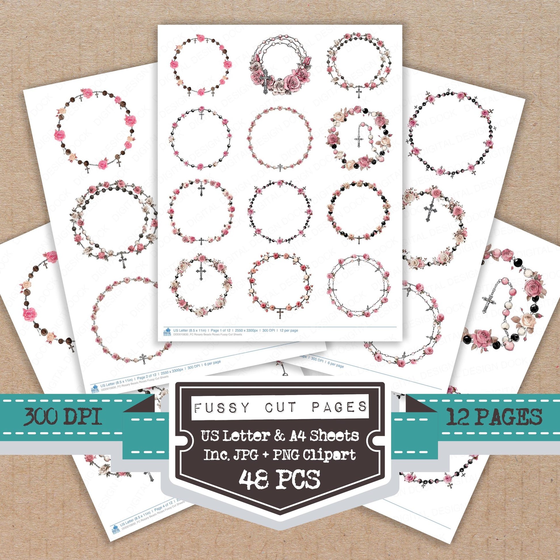 Rosary Beads Roses fussy cut printable sheets for junk journaling, scrapbooking, and paper craft projects