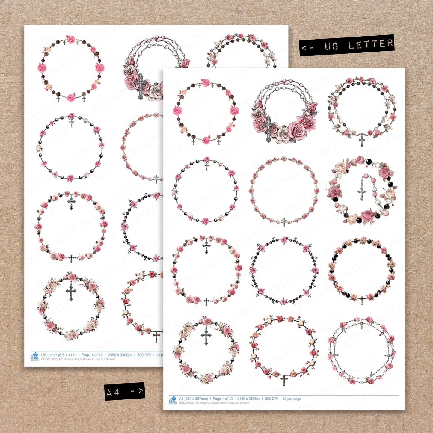 A4 and US Letter format comparison showing Rosary Beads Roses fussy cut pages for print and cut crafting