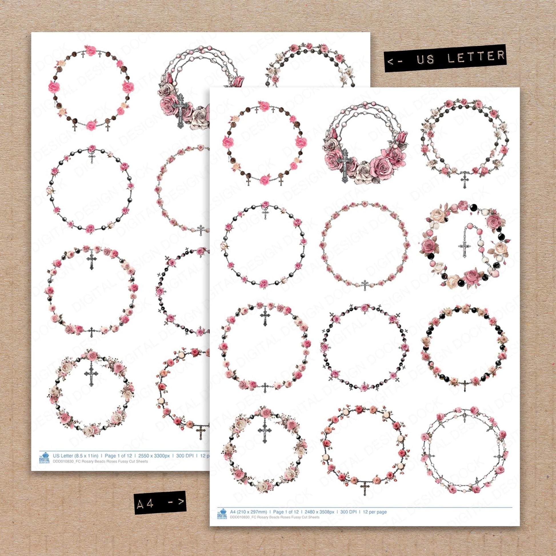 A4 and US Letter format comparison showing Rosary Beads Roses fussy cut pages for print and cut crafting