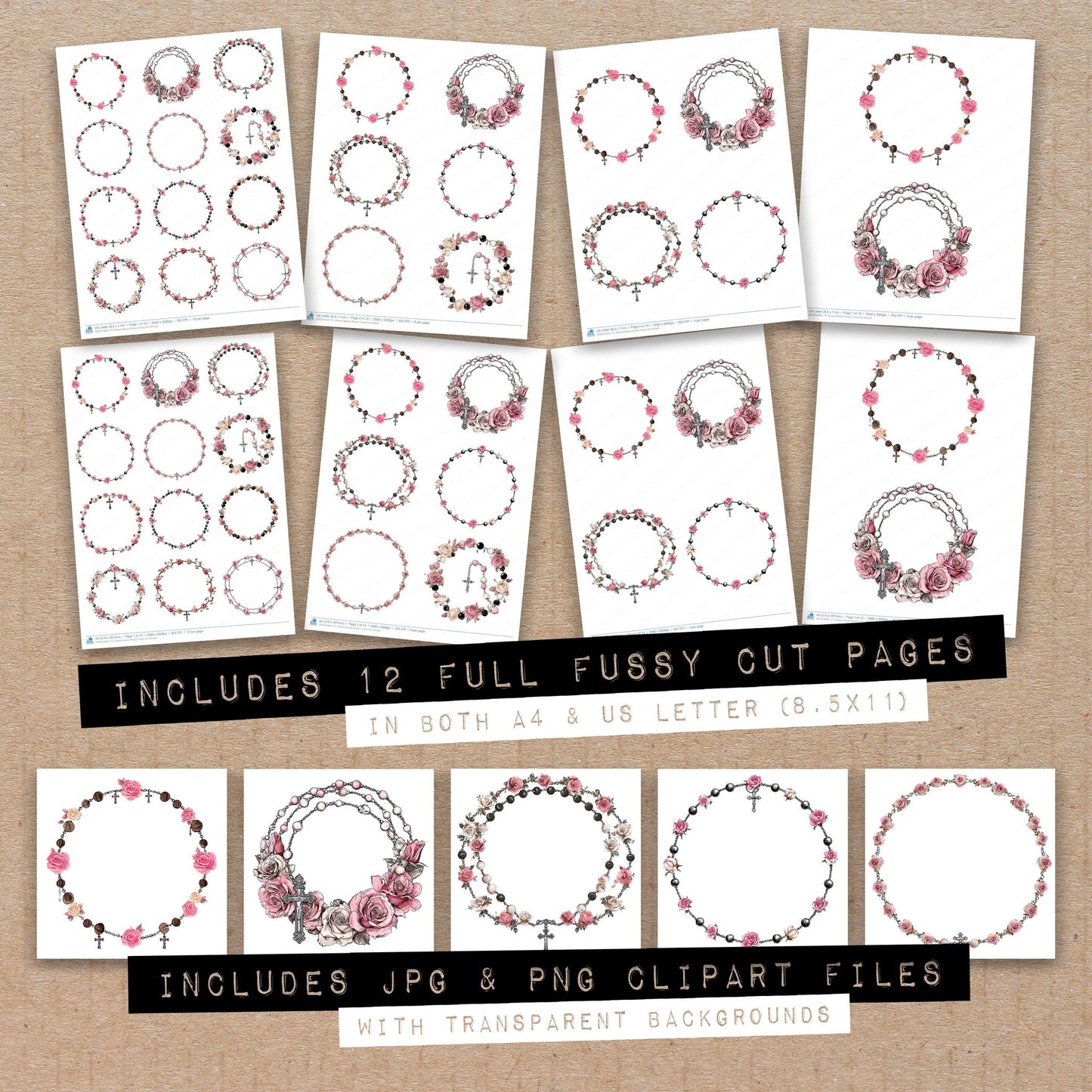 Full collection view of Rosary Beads Roses fussy cut sheets with bonus clipart JPG and PNG files