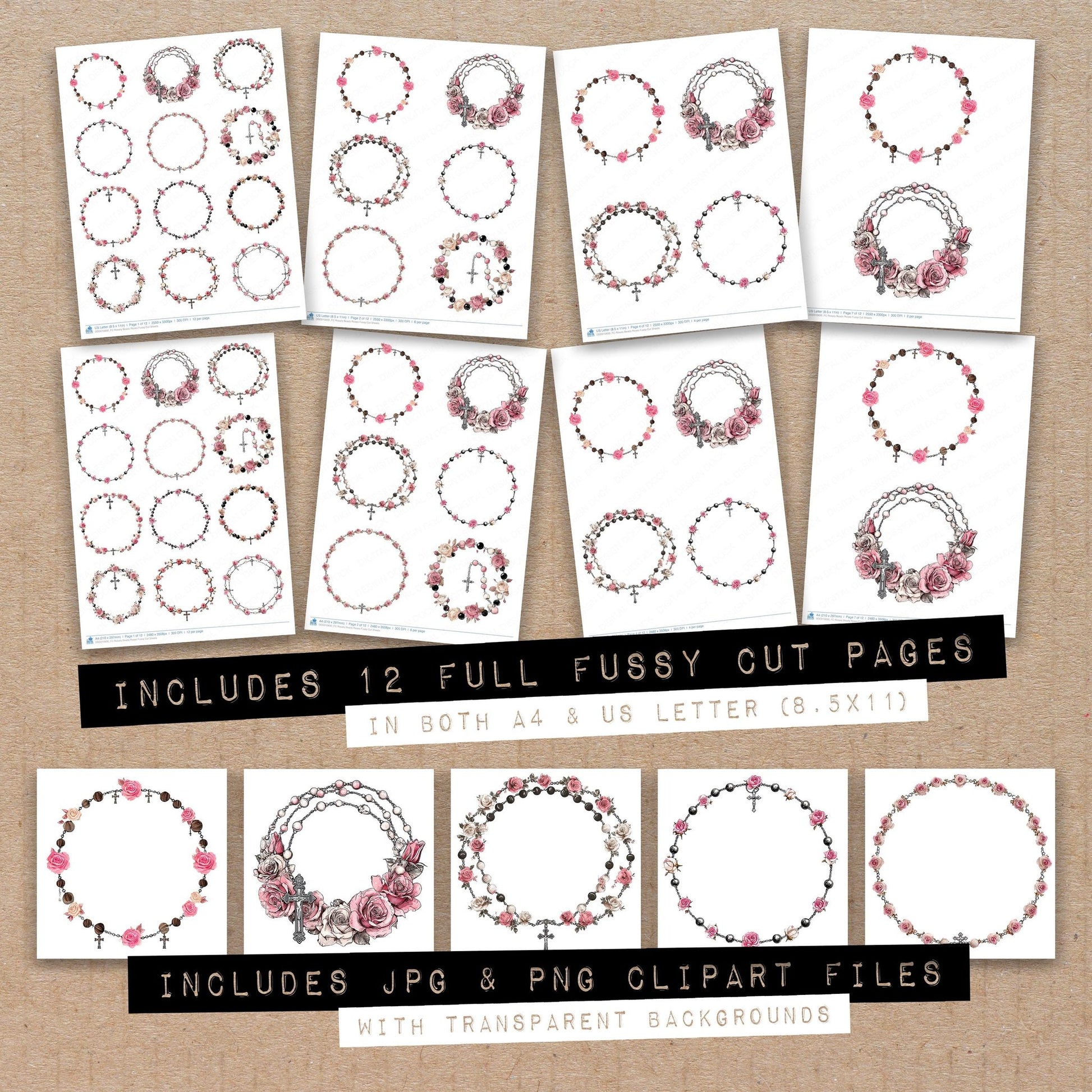 Full collection view of Rosary Beads Roses fussy cut sheets with bonus clipart JPG and PNG files