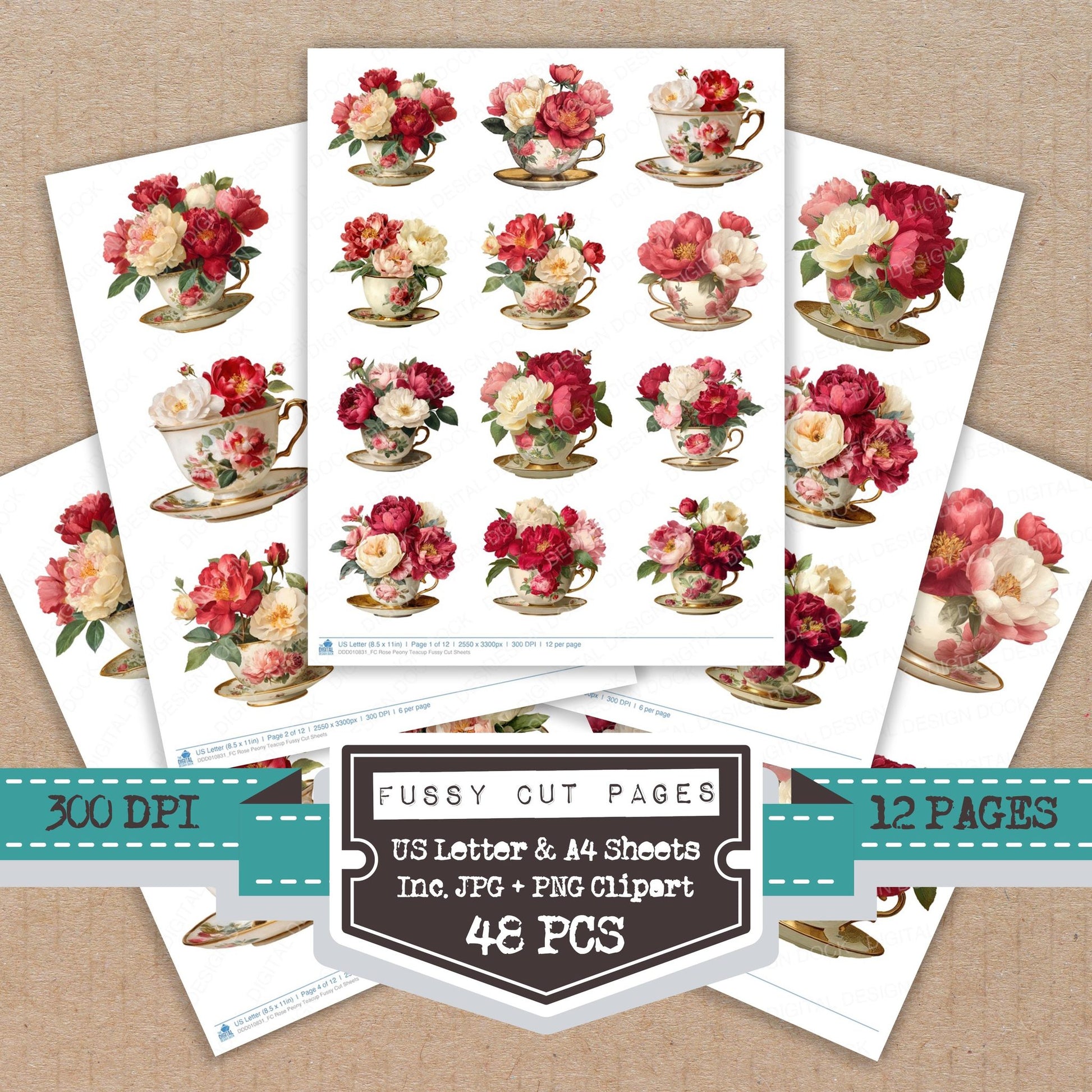 Rose Peony Teacup fussy cut printable sheets for junk journaling, scrapbooking, and paper craft projects