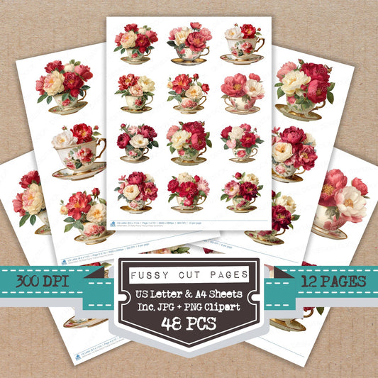 Rose Peony Teacup fussy cut printable sheets for junk journaling, scrapbooking, and paper craft projects