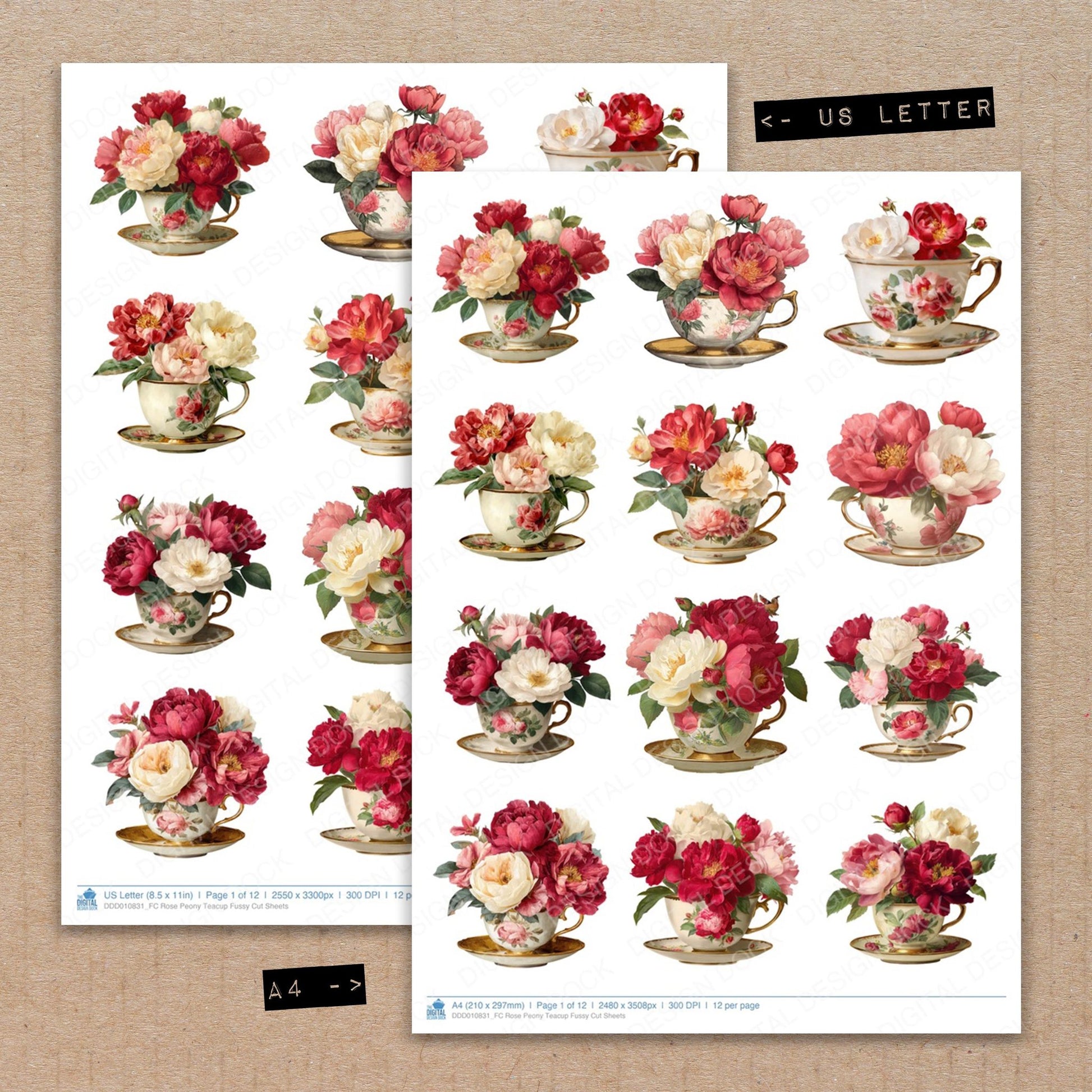 A4 and US Letter format comparison showing Rose Peony Teacup fussy cut pages for print and cut crafting
